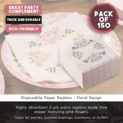 Blue Panda Cocktail Napkins - 150-Pack Luncheon Napkins, Disposable Paper Napkins Floral Party Supplies For Bridal Showers, Birthdays, 2-Ply, Unfolded 13 X 13 Inches, Folded 6.5 X 6.5 Inches Special Occasions