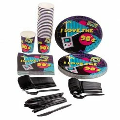 Blue Panda 90’s Party Decorations, Paper Plates, Napkins, Cups And Plastic Cutlery (Serves 24, 144 Pieces)
