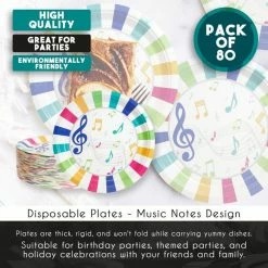Blue Panda Disposable Plates - 80-Count Paper Plates, Music Party Supplies For Appetizer, Lunch, Dinner, And Dessert, Kids Birthdays, 9 Inches In Diameter