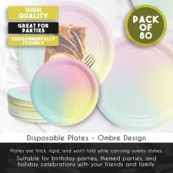 Blue Panda Rainbow Party Supplies, Pastel Paper Plates (9 In., 80 Pack)