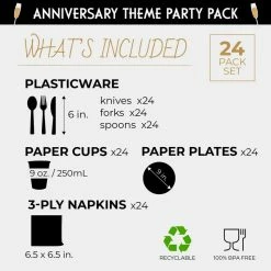Blue Panda Happy Anniversary Party Bundle, Includes Plates, Napkins, Cups, And Cutlery (24 Guests,144 Pieces)