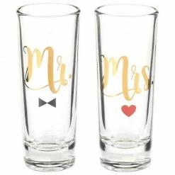 Blue Panda Party Shot Glasses - Mr Mrs Couple Shot Glasses With Gold Foil Print For Newlyweds, Anniversary, Bridal Shower, And Engagement - Set Of 2, 2 Oz Each Cups