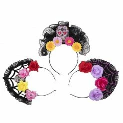 Blue Panda Halloween Day Of The Dead Headbands Sugar Skull Rose And Black Lace Crowns (3 Pack)