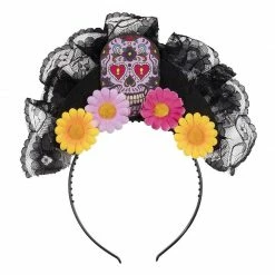 Blue Panda Halloween Day Of The Dead Headbands Sugar Skull Rose And Black Lace Crowns (3 Pack)