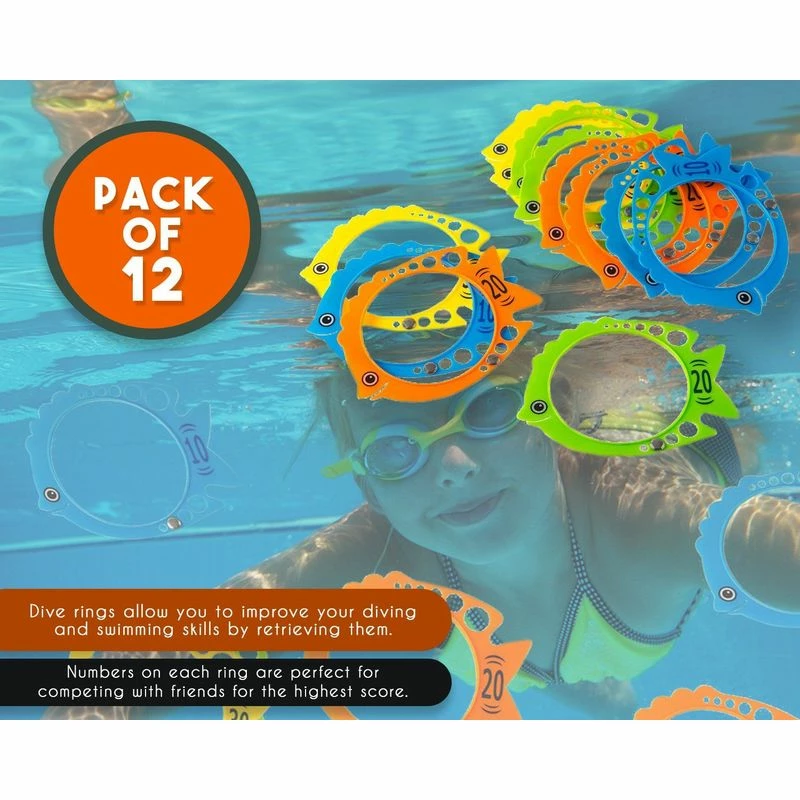 Blue Panda Games Fish Shaped Pool Diving Water Rings For Kids, Swimming Dive Toys (12 Pack) 6 Blue Panda Games Fish Shaped Pool Diving Water Rings For Kids, Swimming Dive Toys (12 Pack)