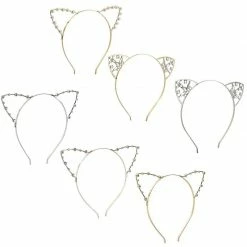 Blue Panda Cat Ear Headbands For Halloween Costumes, Cosplay (Silver, Gold, 6 Pack)