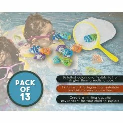 Blue Panda Swim Dive Toys, Kid Pool Games, 12 Fish Rings For Diving With Net (13 Pieces)