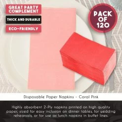 Blue Panda Coral Pink Paper Napkins (7.5 X 4.25 Inches, 120 Pack)