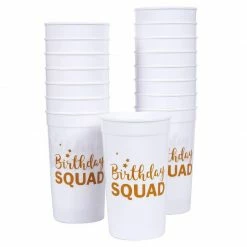 Blue Panda Birthday Squad Plastic Party Cups, 16 Oz White Tumblers (3 X 5.1 X 3 In, 16-Pk) Special Occasions