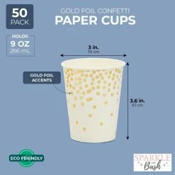 Blue Panda Party Paper Cups With Gold Foil Confetti – Pack Of 50, 9 Oz