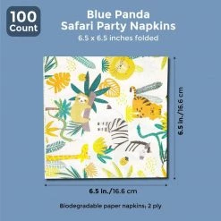 Blue Panda Animal Safari Paper Napkins For Kids Birthday Party (6.5 X 6.5 In, 100 Pack)