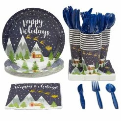 Blue Panda Happy Holidays Dinnerware Set, Paper Plates, Plastic Cutlery, Cups, And Napkins (Serves 24, 144 Pieces) Christmas