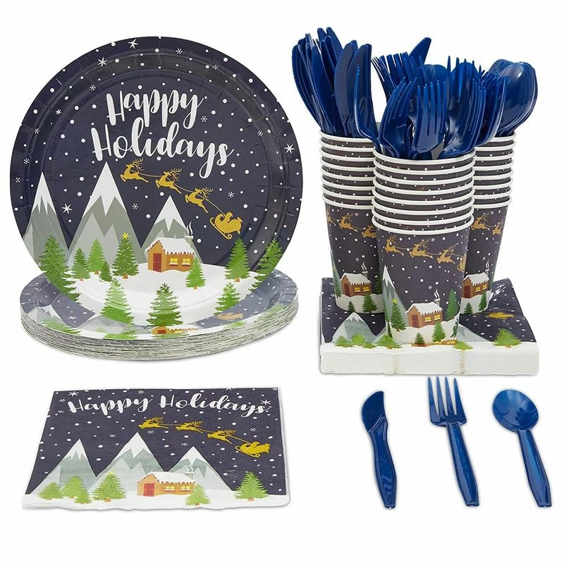 Blue Panda Happy Holidays Dinnerware Set, Paper Plates, Plastic Cutlery, Cups, And Napkins (Serves 24, 144 Pieces) Christmas 3 Blue Panda Happy Holidays Dinnerware Set, Paper Plates, Plastic Cutlery, Cups, And Napkins (Serves 24, 144 Pieces) Christmas