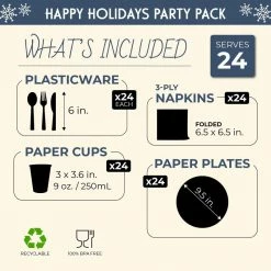 Blue Panda Happy Holidays Dinnerware Set, Paper Plates, Plastic Cutlery, Cups, And Napkins (Serves 24, 144 Pieces) Christmas