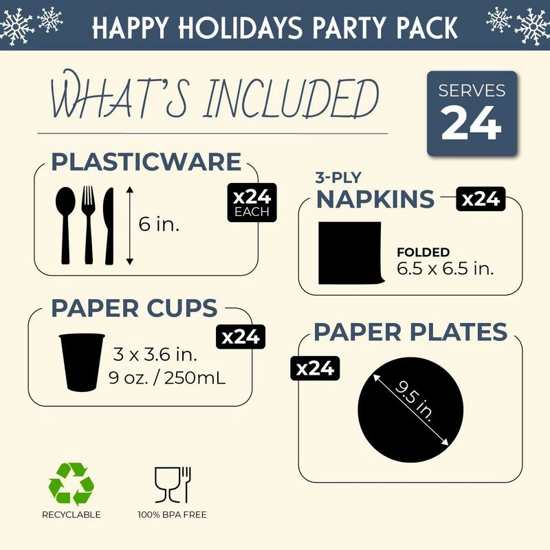 Blue Panda Happy Holidays Dinnerware Set, Paper Plates, Plastic Cutlery, Cups, And Napkins (Serves 24, 144 Pieces) Christmas 4 Blue Panda Happy Holidays Dinnerware Set, Paper Plates, Plastic Cutlery, Cups, And Napkins (Serves 24, 144 Pieces) Christmas