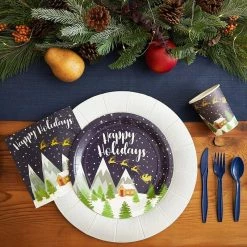 Blue Panda Happy Holidays Dinnerware Set, Paper Plates, Plastic Cutlery, Cups, And Napkins (Serves 24, 144 Pieces) Christmas 11 Blue Panda Happy Holidays Dinnerware Set, Paper Plates, Plastic Cutlery, Cups, And Napkins (Serves 24, 144 Pieces) Christmas