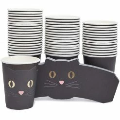 Blue Panda Black Cat Party Cups And Die-Cut Cat Sleeves For Halloween (50 Pack, 9 Oz)