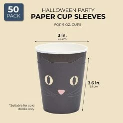 Blue Panda Black Cat Party Cups And Die-Cut Cat Sleeves For Halloween (50 Pack, 9 Oz)