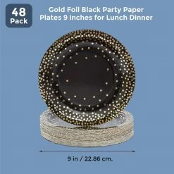 Blue Panda Black Paper Plates With Gold Foil Dots, Birthday Party Supplies (9 In, 48-Pack)
