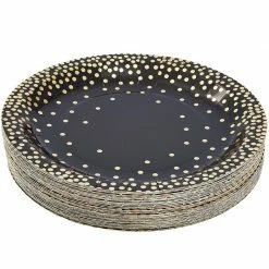 Blue Panda Black Paper Plates With Gold Foil Dots, Birthday Party Supplies (9 In, 48-Pack)