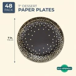 Blue Panda Gold Foil Party Paper Plates 7 Inches For Cake Dessert (48 Pack, Black)