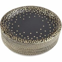 Blue Panda Gold Foil Party Paper Plates 7 Inches For Cake Dessert (48 Pack, Black)