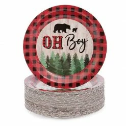 Blue Panda Oh Boy Lumberjack Buffalo Plaid Baby Shower Party Paper Plates 9 Inch (80 Pack) Special Occasions