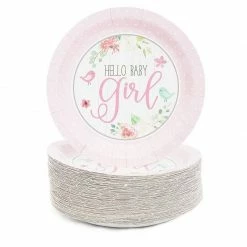 Blue Panda Hello Baby Girl Shower Paper Plates 9 Inches For Lunch Dinner (80 Pack, Pink) Special Occasions