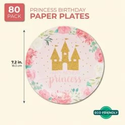 Blue Panda Princess Party Supplies, Floral Plates (7 In., 80 Pack)