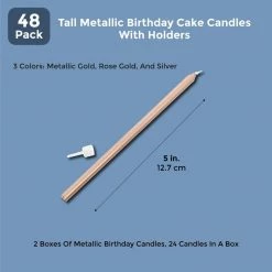 Blue Panda Metallic Long Birthday Candles For Cake With Holders (5 In, 48 Pack)