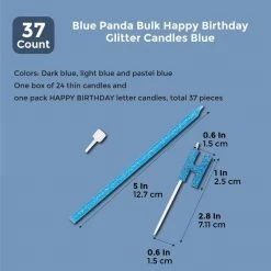 Blue Panda Happy Birthday Cake Topper Letters With Long Thin Glitter Candles In Holders (37 Pack)