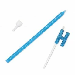 Blue Panda Happy Birthday Cake Topper Letters With Long Thin Glitter Candles In Holders (37 Pack)