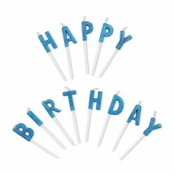 Blue Panda Happy Birthday Cake Topper Letters With Long Thin Glitter Candles In Holders (37 Pack)