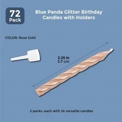 Blue Panda Metallic Rose Gold Striped Birthday Cake Candles In Holders (2 In., 72 Pack)
