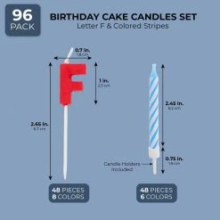 Blue Panda Birthday Cake Candles Set (96 Count) Letter F And Colored Stripes