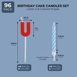 Blue Panda Birthday Cake Candles Set (96 Count) Letter U And Colored Stripes