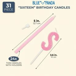 Blue Panda Sixteen Pink Birthday Cake Candles With Holders (31 Pack)