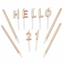 Blue Panda Hello 21 Cake Topper And Thin Candles In Holders (Rose Gold, 31 Pieces)