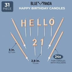 Blue Panda Hello 21 Cake Topper And Thin Candles In Holders (Rose Gold, 31 Pieces)