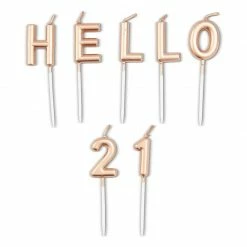 Blue Panda Hello 21 Cake Topper And Thin Candles In Holders (Rose Gold, 31 Pieces)