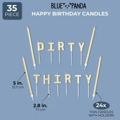 Blue Panda Dirty Thirty Cake Topper And Thin Candles In Holders (Gold, 35 Pieces)