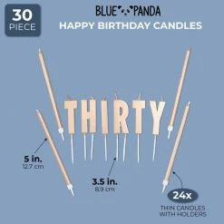Blue Panda Cake Topper 30th Birthday With Thin Candles In Holders (Rose Gold, 30 Pack)
