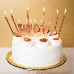 Blue Panda Cake Topper 30th Birthday With Thin Candles In Holders (Rose Gold, 30 Pack)