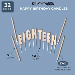 Blue Panda Eighteen Birthday Cake Topper Letters With Thin Candles And Holders (32 Pack)