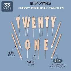 Blue Panda Cake Topper 31st Birthday With Thin Candles In Holders (Rose Gold, 33 Pack)