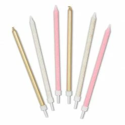Blue Panda Metallic Glitter Long Thin Birthday Cake Candles With Holders (5 In, 48 Pack)