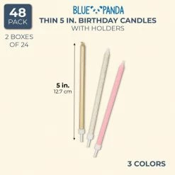 Blue Panda Metallic Glitter Long Thin Birthday Cake Candles With Holders (5 In, 48 Pack)