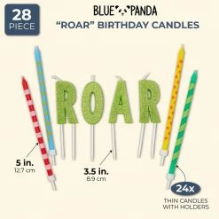 Blue Panda Roar Dinosaur Cake Topper And Thin Printed Candles (28 Pieces)
