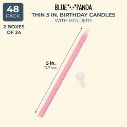 Blue Panda Pink Glitter Long Thin Birthday Cake Candles In Holders (5 In, 48 Pack) Special Occasions