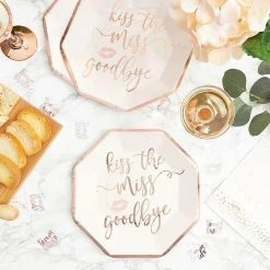 Blue Panda Bachelorette Party Plates - Kiss The Miss Goodbye, Rose Gold, 48 Count